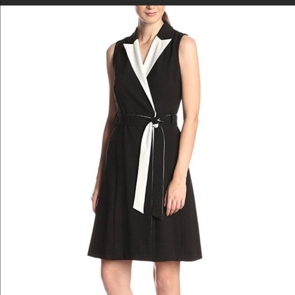 Calvin Klein Size 2P Black & White Colorblock Faux Wrap Dress, Exc. Used Cond. - Picture 1 of 16